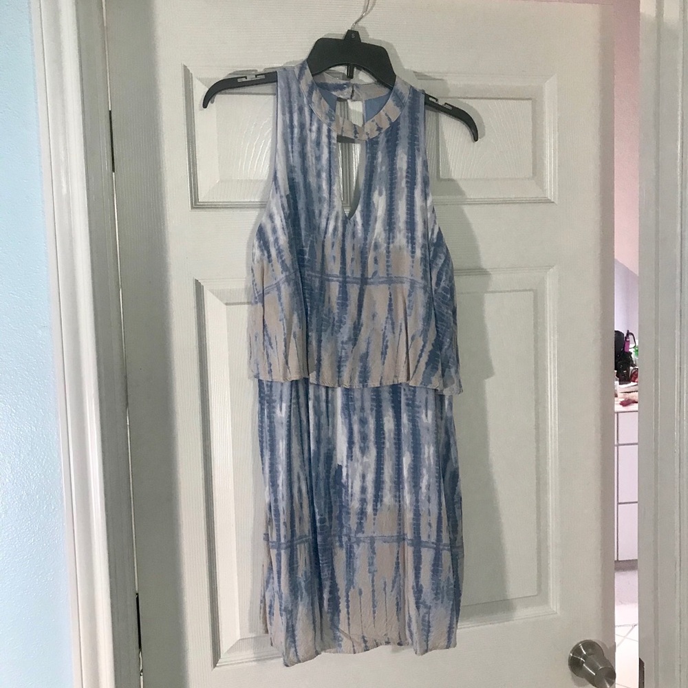 Blue, beige, and white dress from Altar’d state.